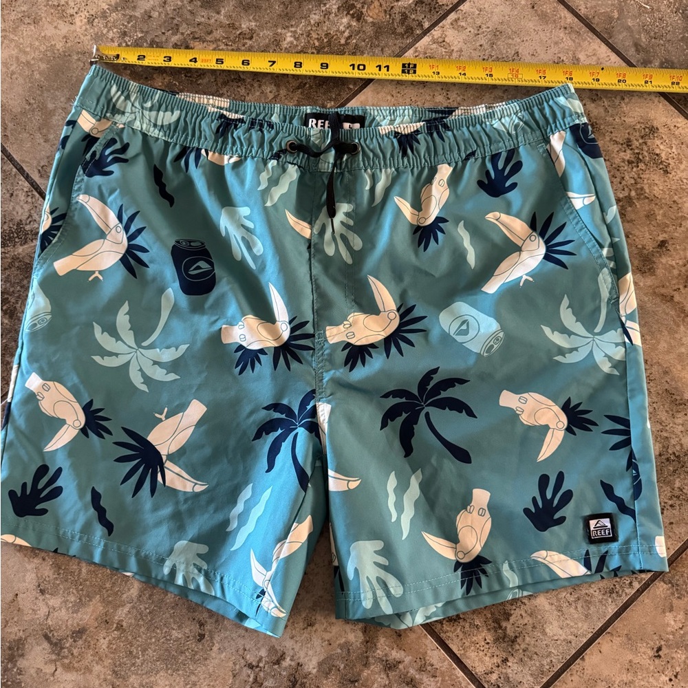 MENS REEF PALMS TOUCAN TEAL GREEN SWIM BOARD SHORTS SIZE L